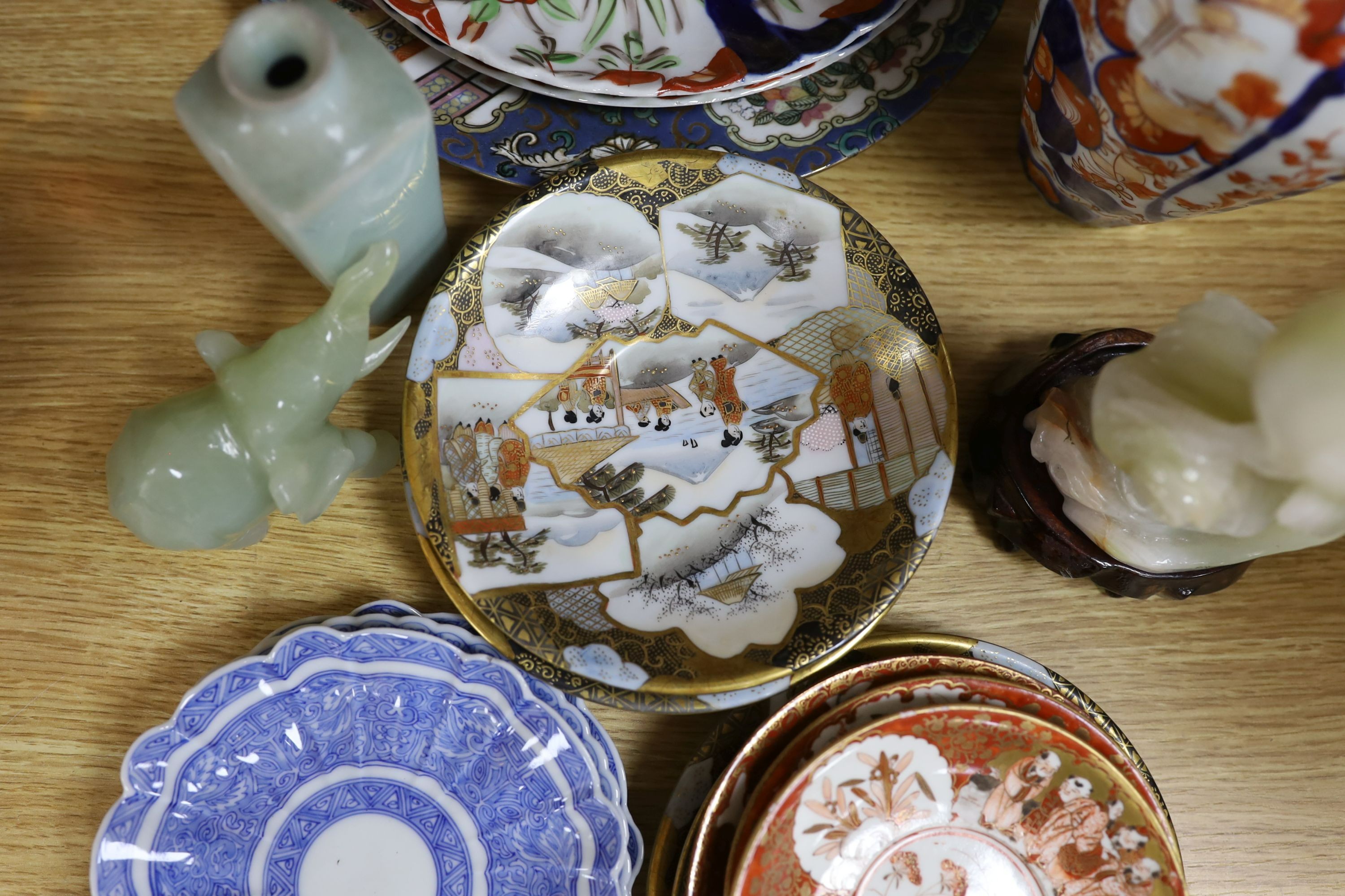 Selection of various Chinese and Japanese ceramics, together with a jade elephant and bowenite figure